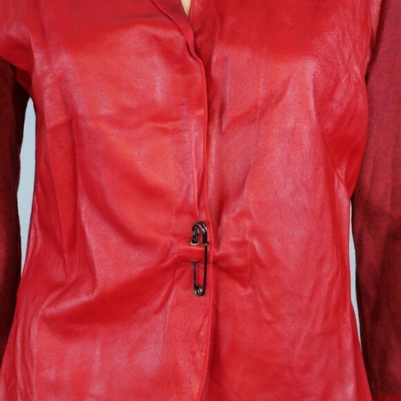 Poleci Red Leather Safety Pin Closure Jacket - Picture 2 of 5